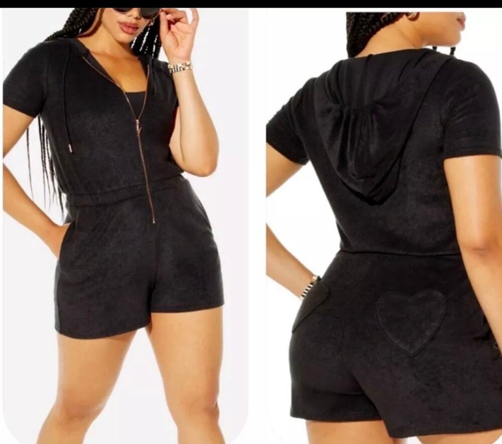 Yitty Terry Short Onsie / Romper / Jumper NWT!! Black,Heart Back Pockets - SzMed